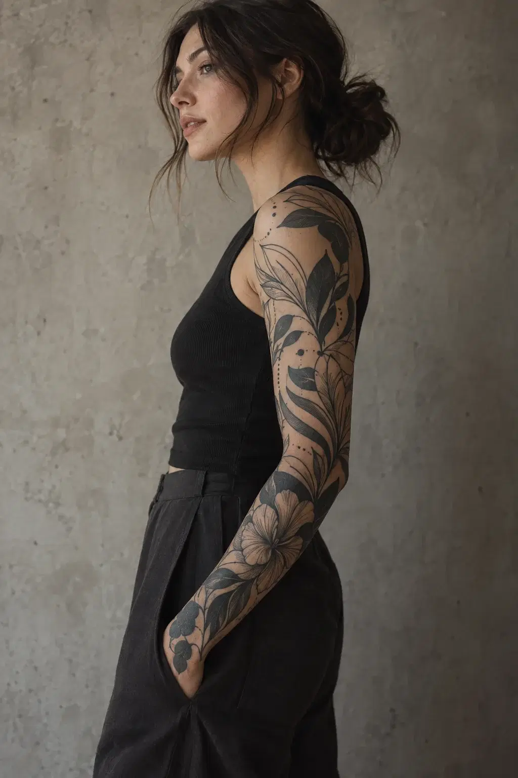 Botanical sleeve blackwork tattoo design inspiration