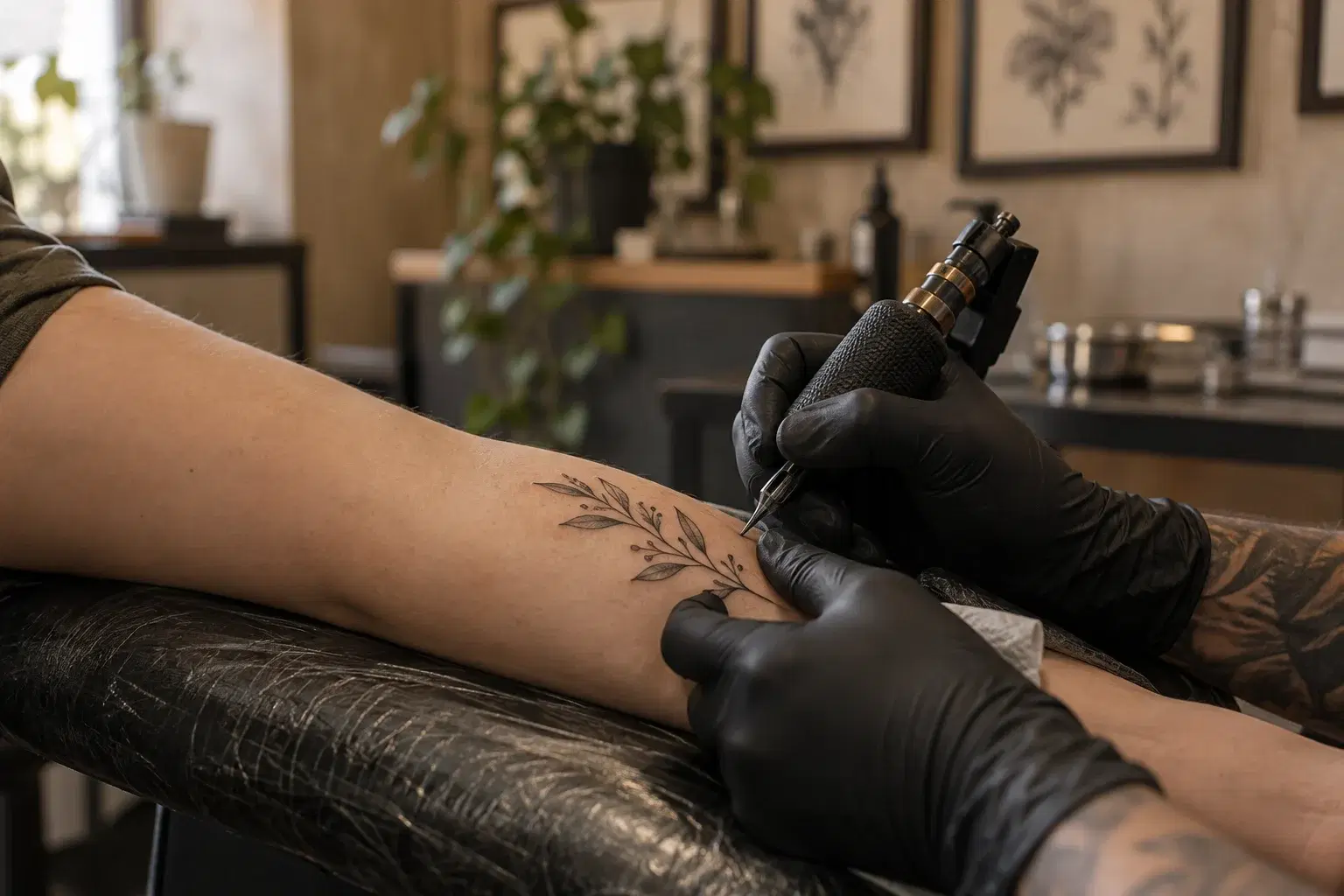 Professional fine line tattoo artist working in a clean studio