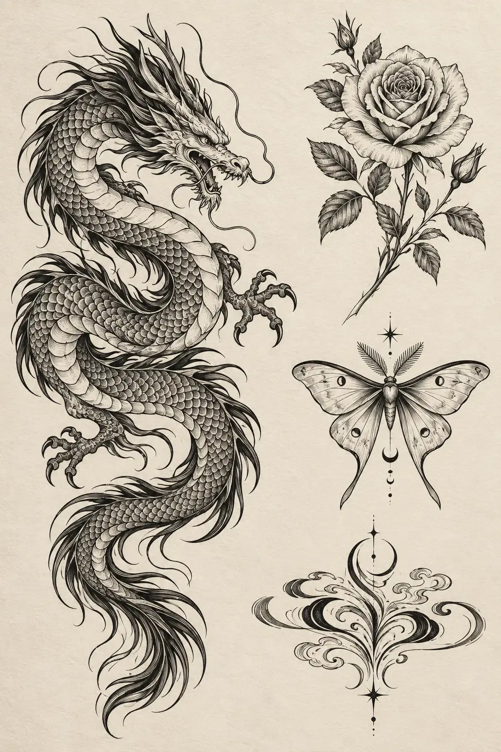 Celestial luna moth fine line tattoo design inspiration