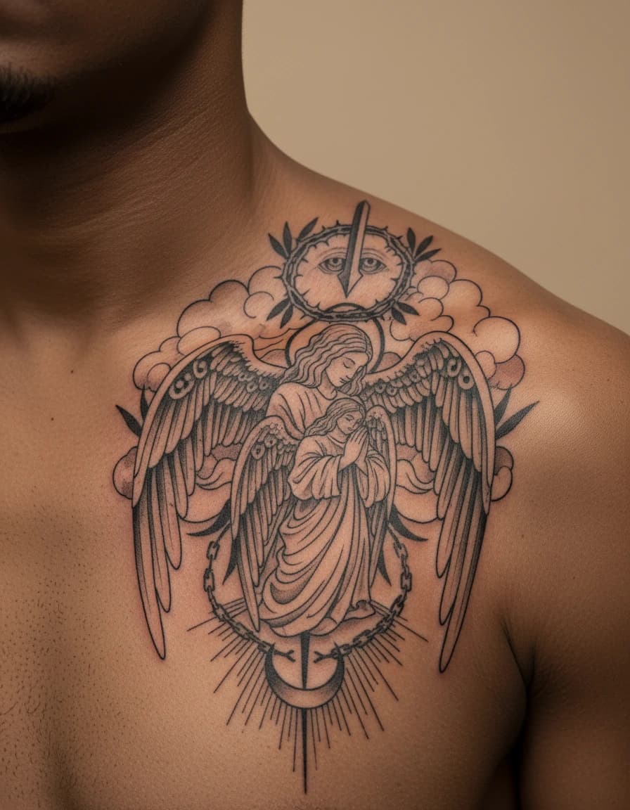 AI-generated concept: Blackwork angel tattoo illustrated on the collarbone