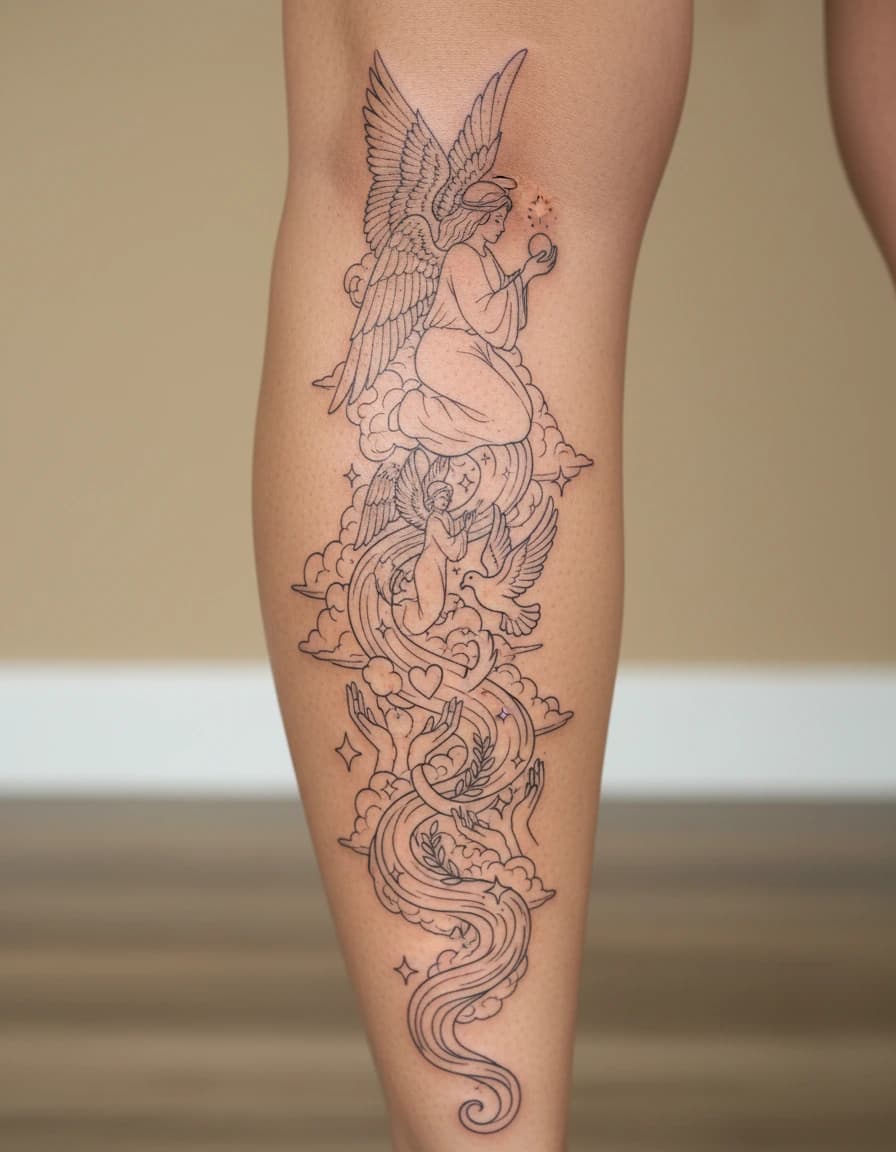AI-generated fine line angel tattoo concept shown on the calf