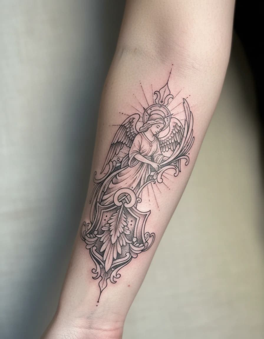 AI-generated concept: Ornamental angel tattoo illustrated on the inner forearm