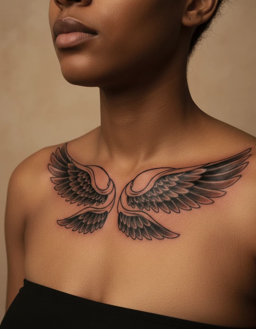 AI-generated concept: Blackwork angel wings tattoo illustrated on the collarbone