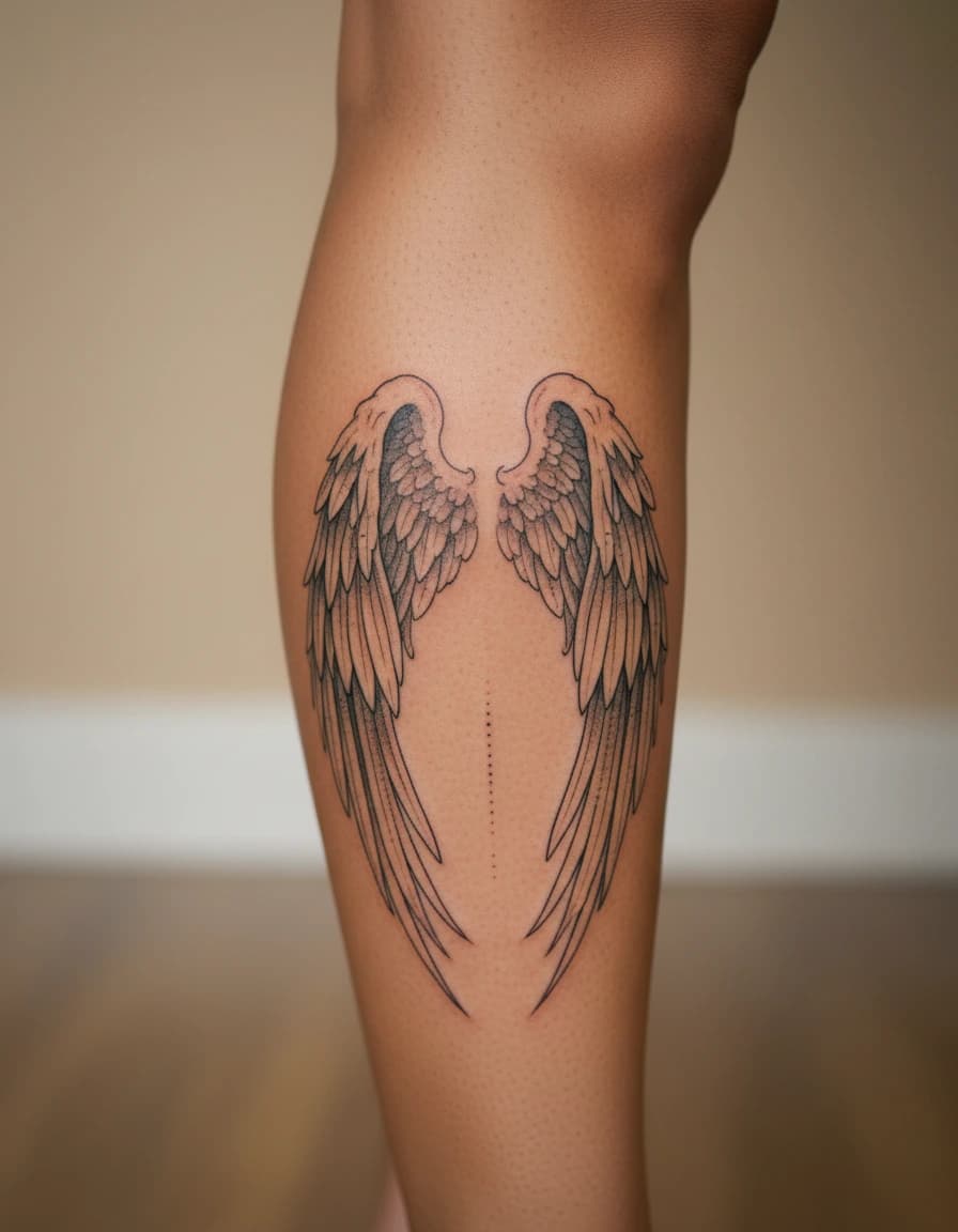 AI-generated concept: Fine Line angel wings tattoo illustrated on the calf
