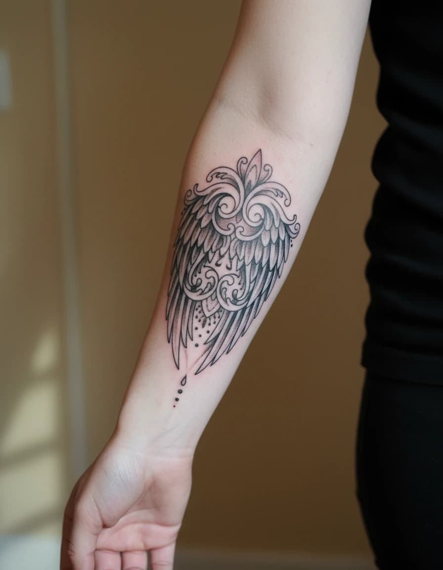 AI-generated concept: Ornamental angel wings tattoo illustrated on the inner forearm