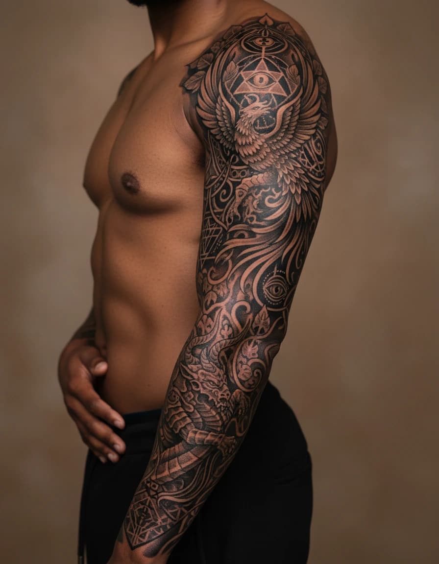 AI-generated concept: Blackwork arm tattoo ideas illustrated on the full sleeve