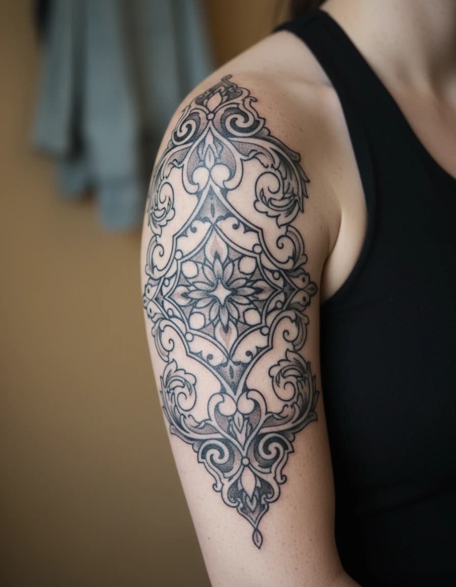AI-generated concept: Ornamental arm tattoo ideas illustrated on the half sleeve