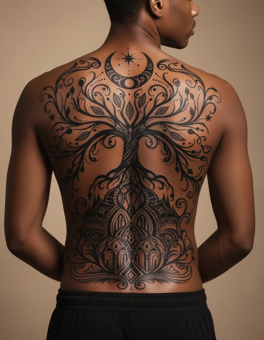 AI-generated concept: Blackwork back tattoos for women illustrated on the full back