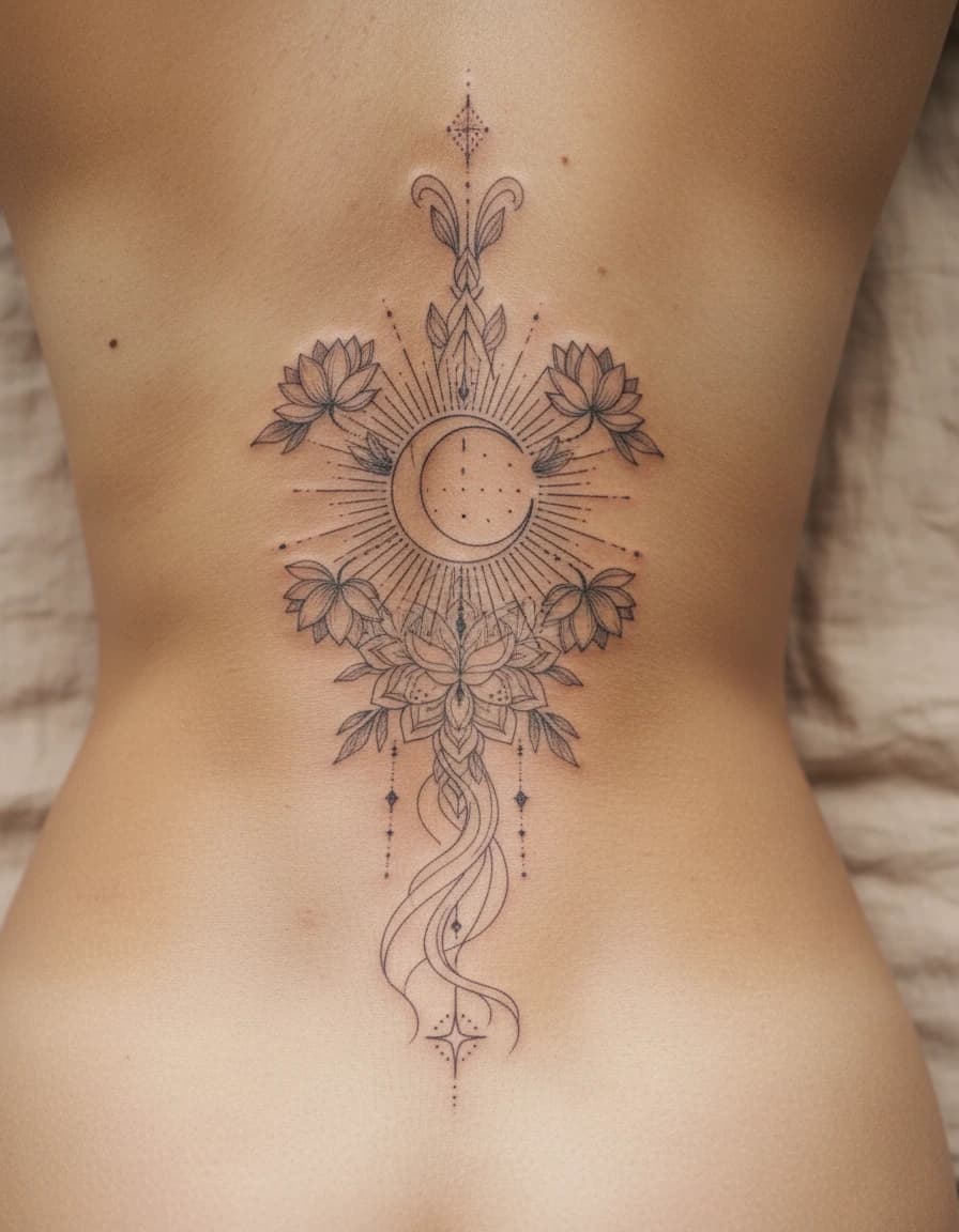 AI-generated concept: Fine Line back tattoos for women illustrated on the lower back