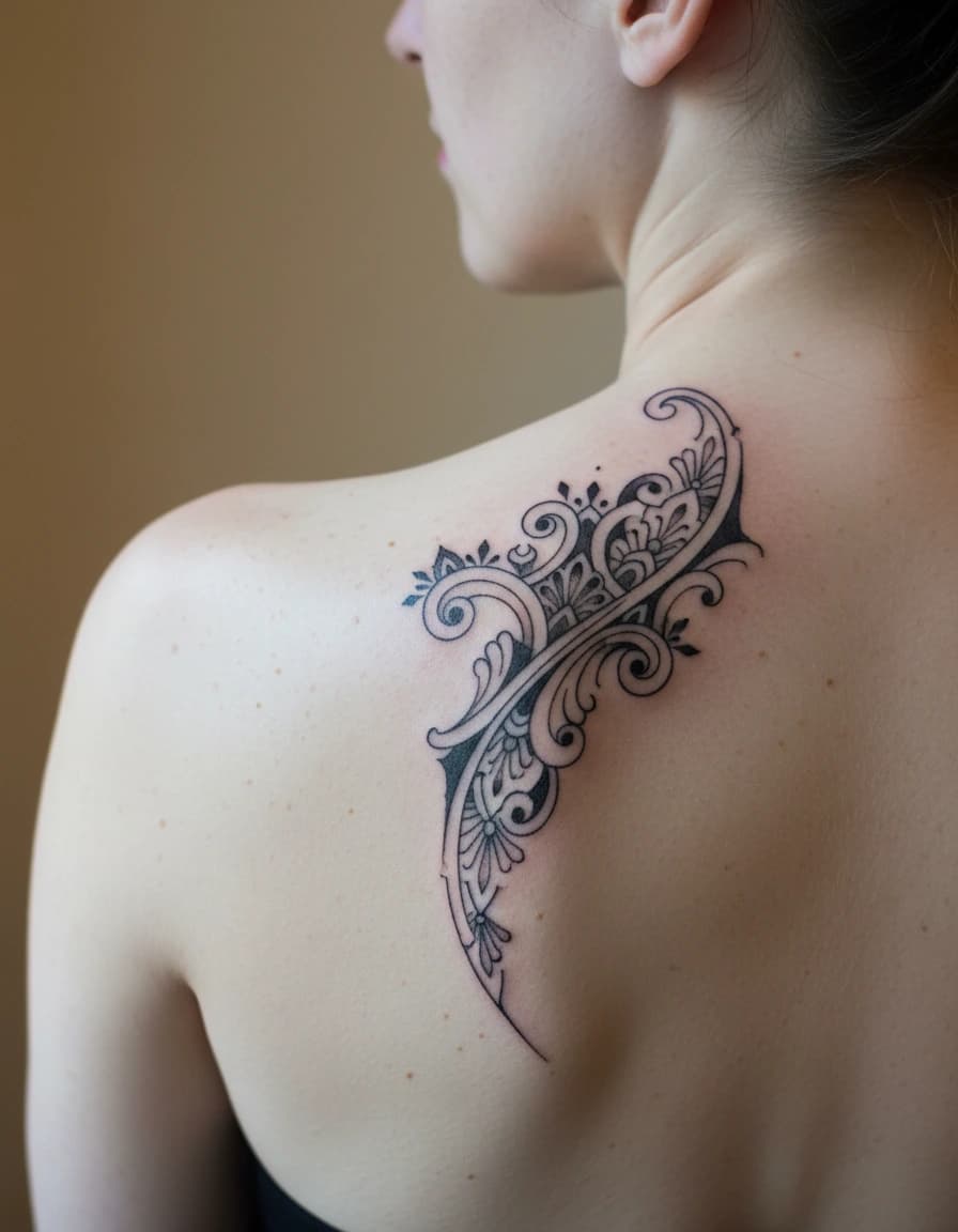 AI-generated concept: Ornamental back tattoos for women illustrated on the shoulder blade