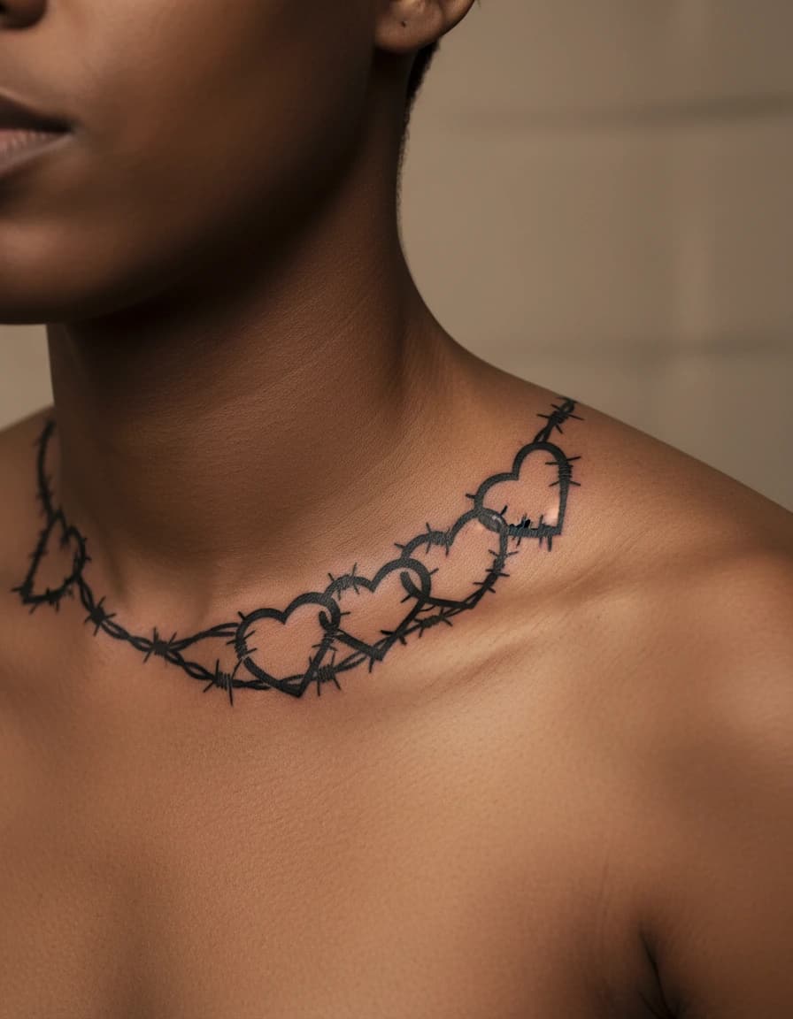 AI-generated concept: Blackwork barbed wire tattoo illustrated on the collarbone