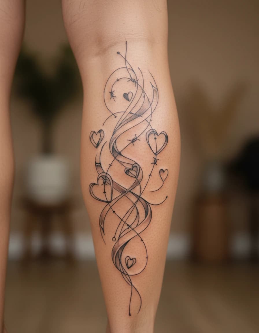 AI-generated concept: Fine Line barbed wire tattoo illustrated on the calf