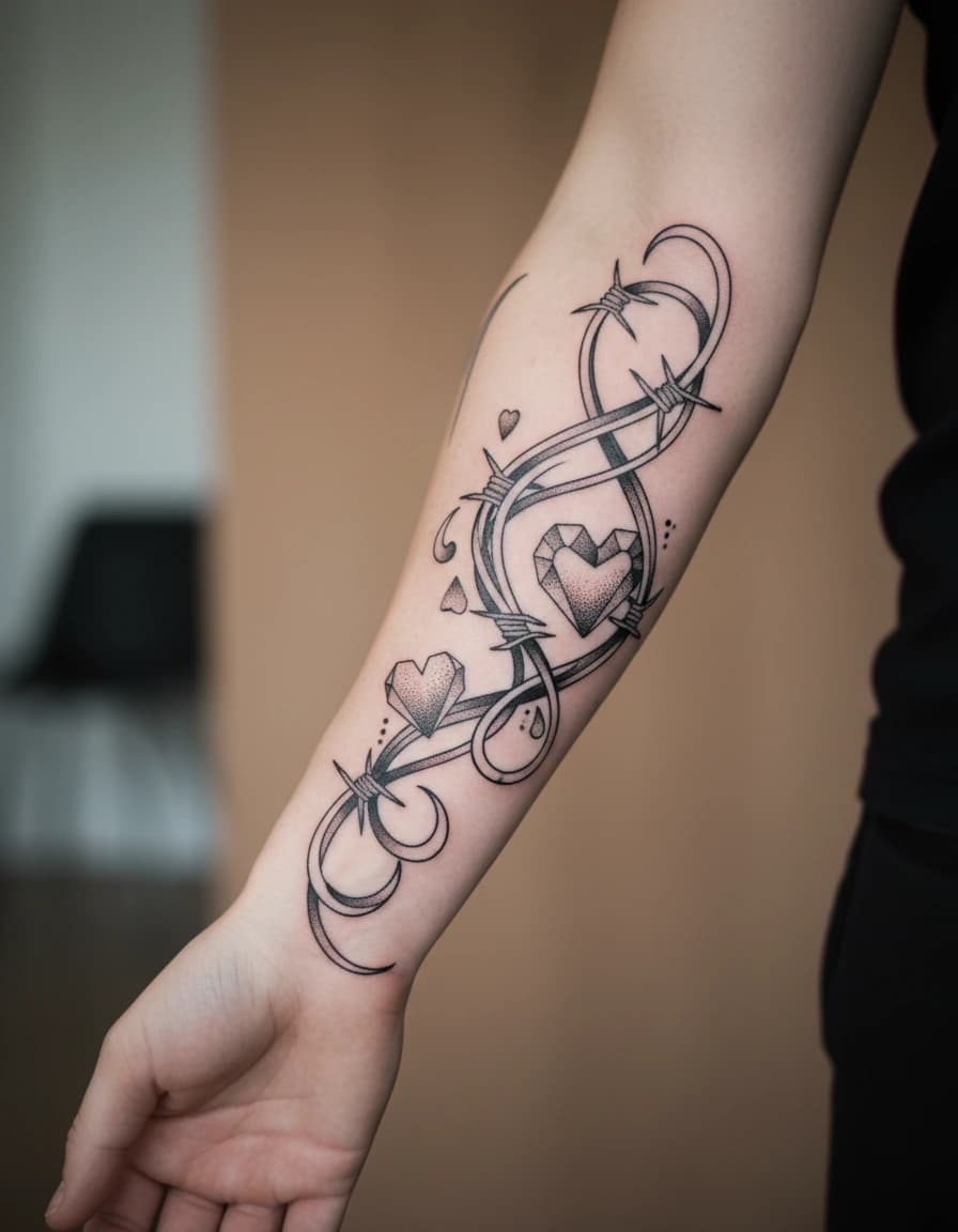 AI-generated concept: Ornamental barbed wire tattoo illustrated on the inner forearm