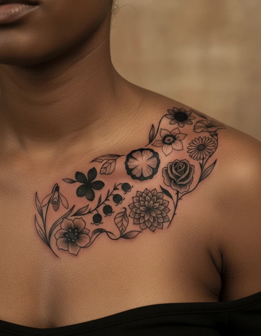 AI-generated concept: Blackwork birth flower tattoo illustrated on the collarbone