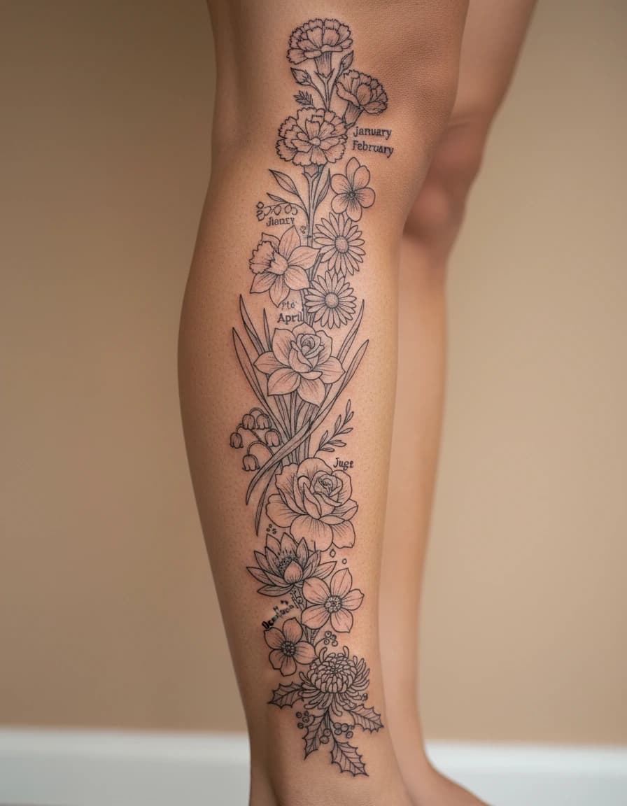 AI-generated concept: Fine Line birth flower tattoo illustrated on the calf