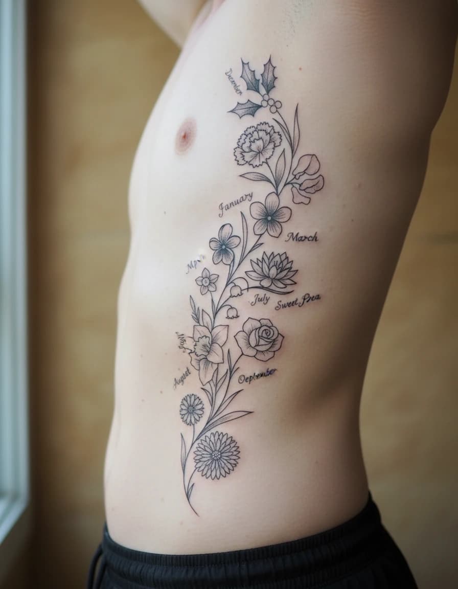 AI-generated concept: Ornamental birth flower tattoo illustrated on the side torso