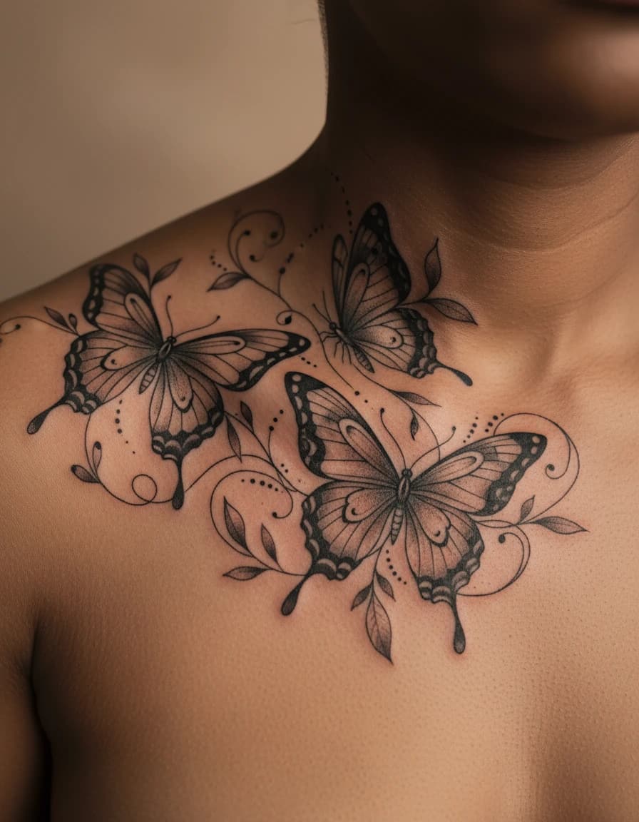AI-generated concept: Blackwork butterfly tattoo illustrated on the collarbone