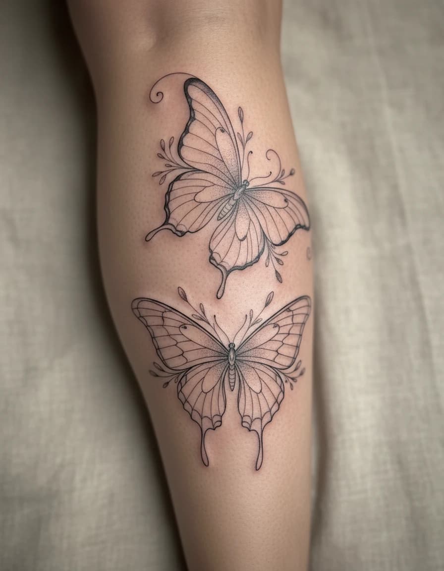 AI-generated concept: Fine Line butterfly tattoo illustrated on the calf