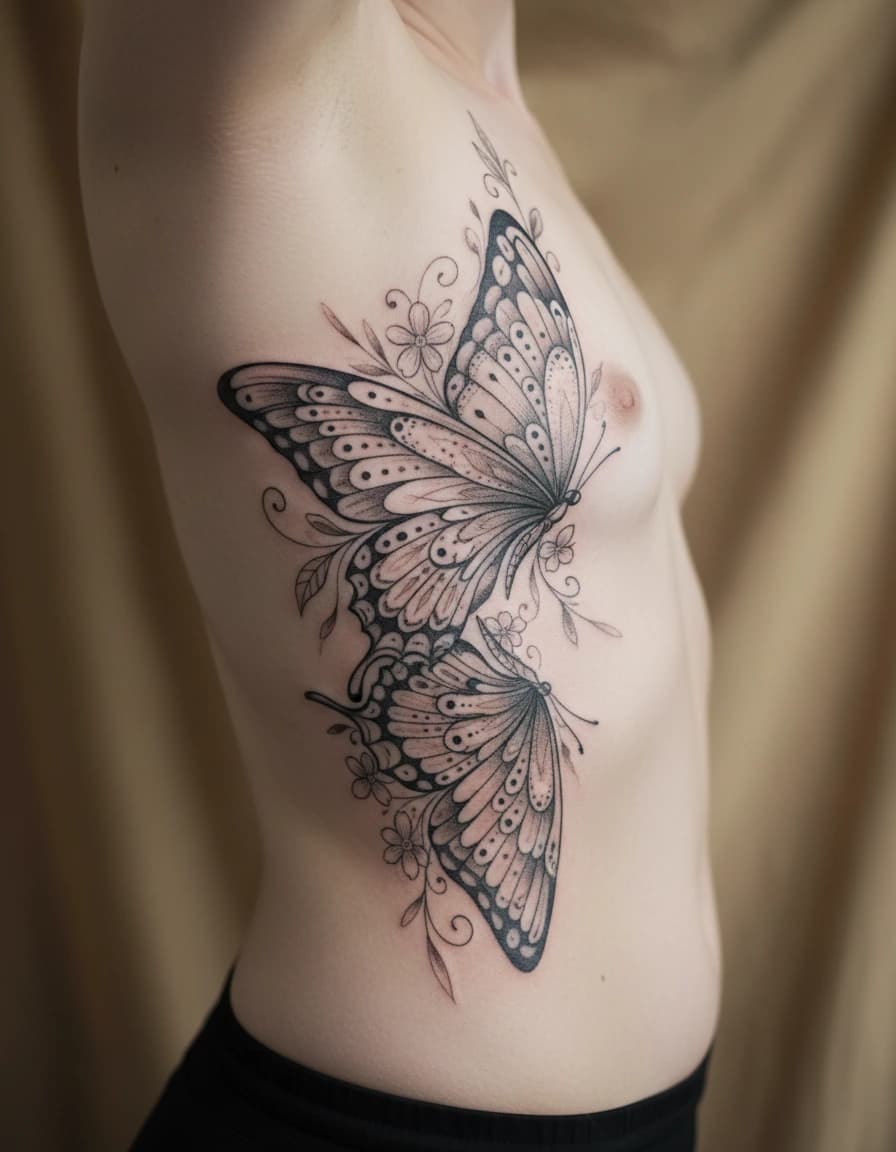 AI-generated concept: Ornamental butterfly tattoo illustrated on the side torso