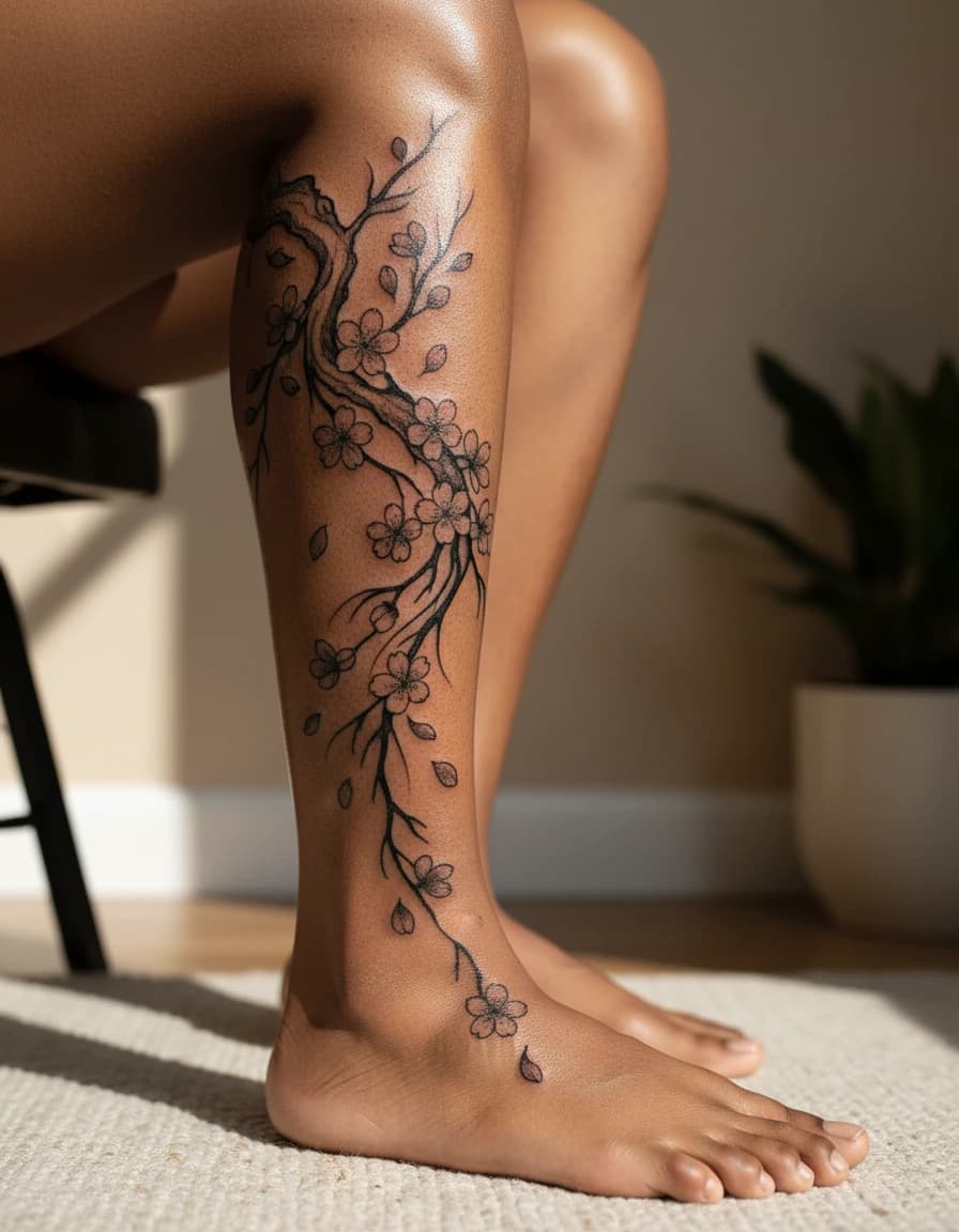 AI-generated concept: Blackwork cherry blossom tattoo illustrated on the ankle