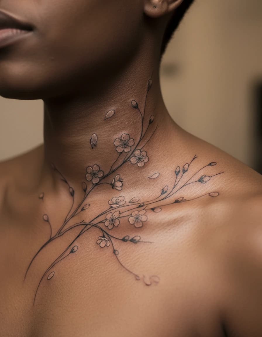 AI-generated concept: Fine Line cherry blossom tattoo illustrated on the collarbone