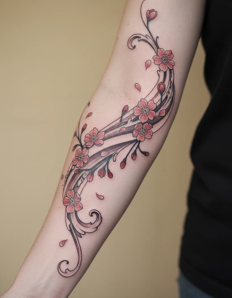 AI-generated concept: Ornamental cherry blossom tattoo illustrated on the inner forearm