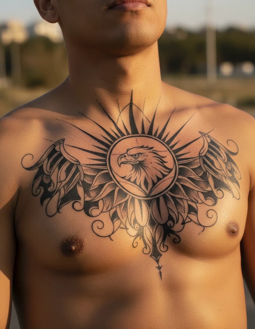 AI-generated concept: Blackwork chest tattoos for men illustrated on the sternum