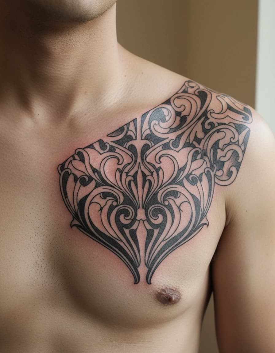 AI-generated concept: Ornamental chest tattoos for men illustrated on the left chest