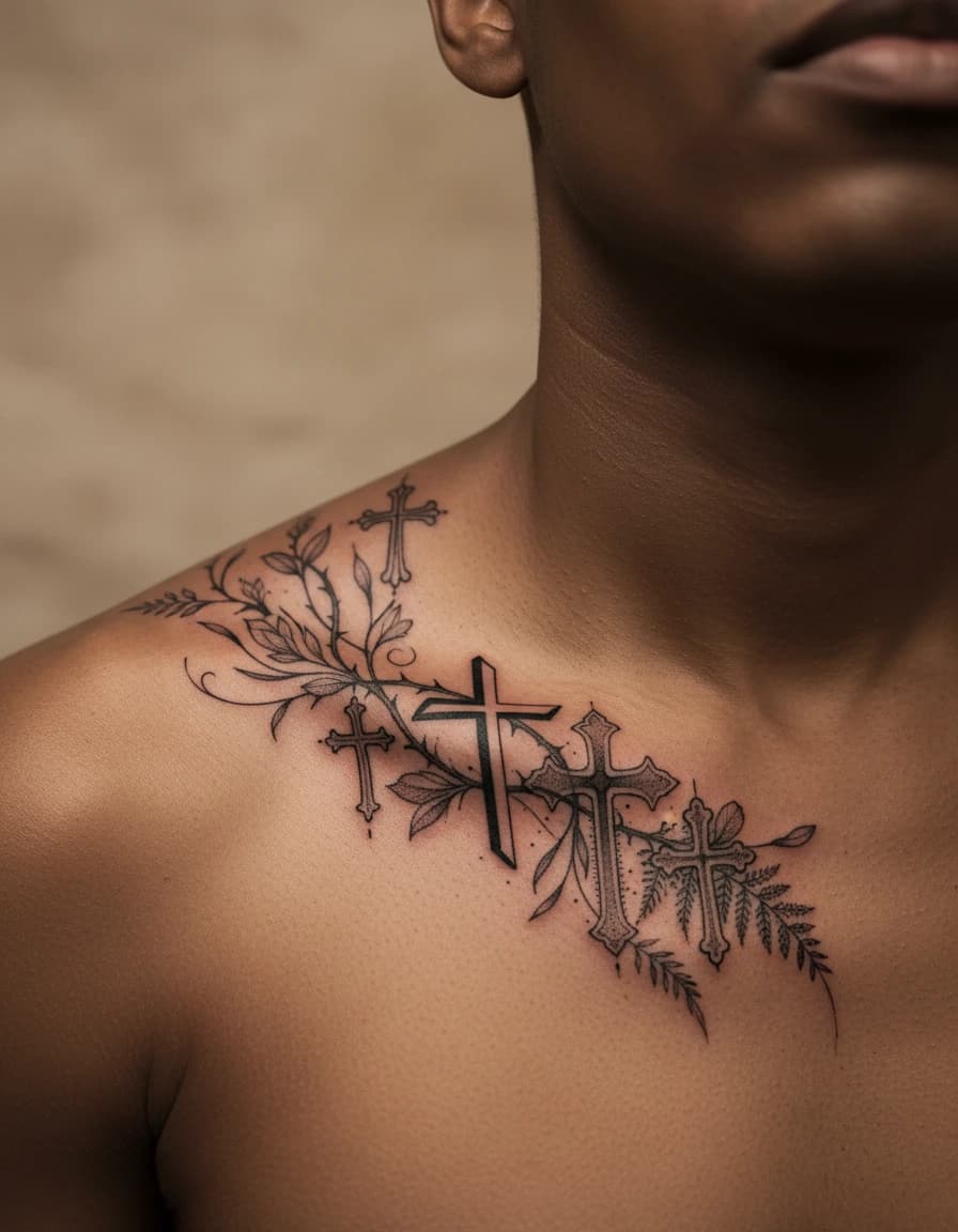 AI-generated concept: Blackwork cross tattoo illustrated on the collarbone