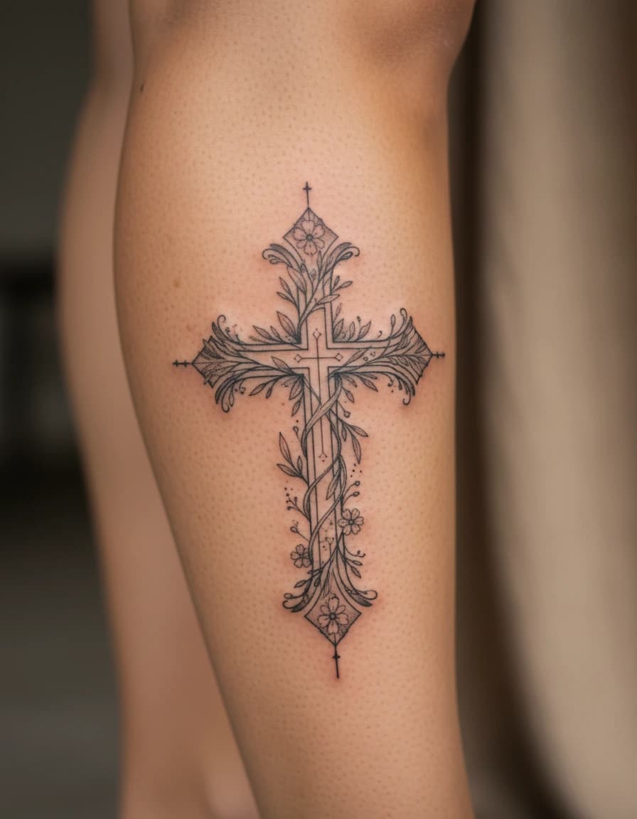 AI-generated concept: Fine Line cross tattoo illustrated on the calf