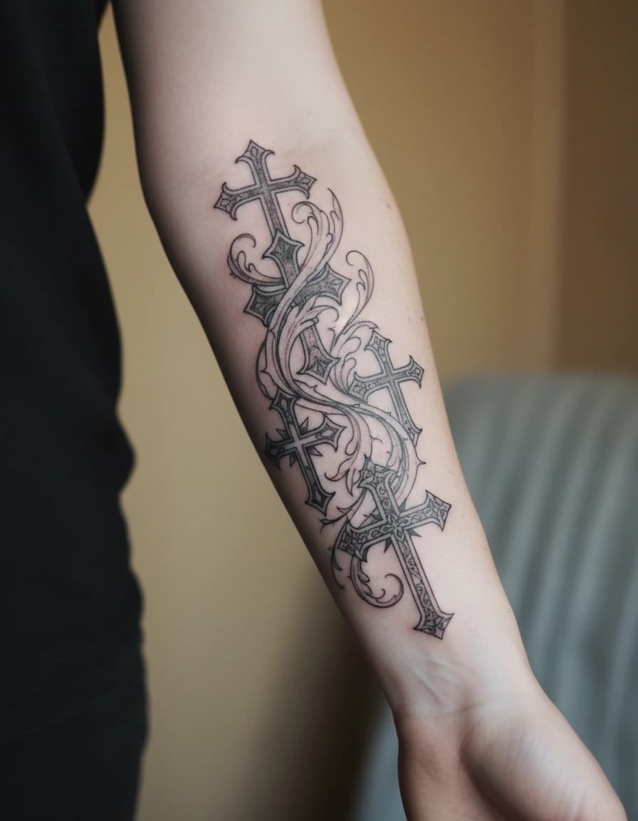 AI-generated concept: Ornamental cross tattoo illustrated on the inner forearm