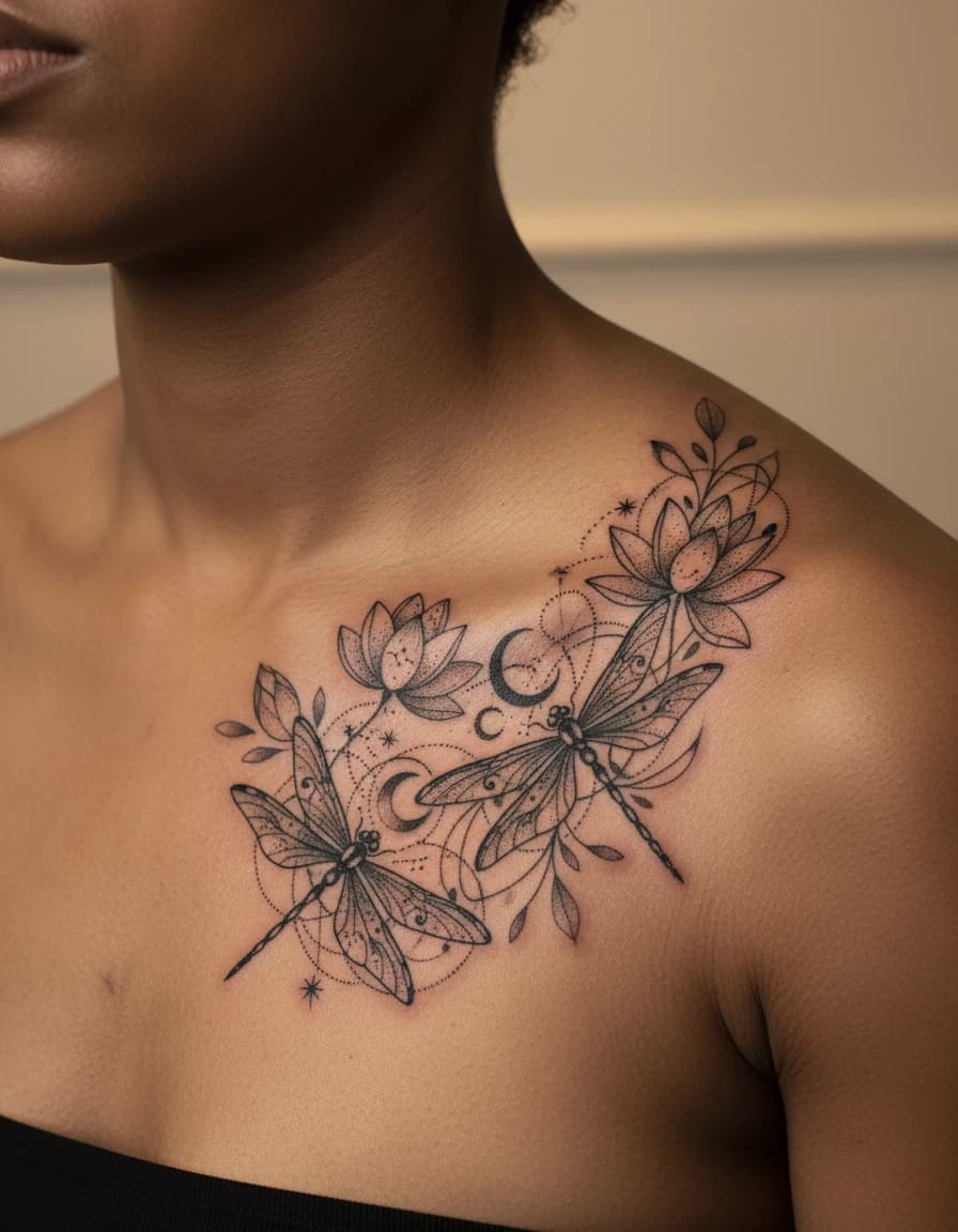 AI-generated concept: Blackwork dragonfly tattoo illustrated on the collarbone
