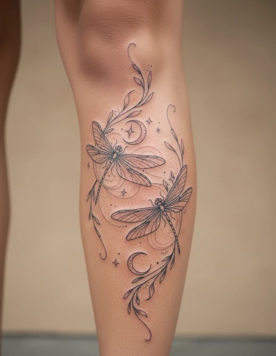 AI-generated concept: Fine Line dragonfly tattoo illustrated on the calf