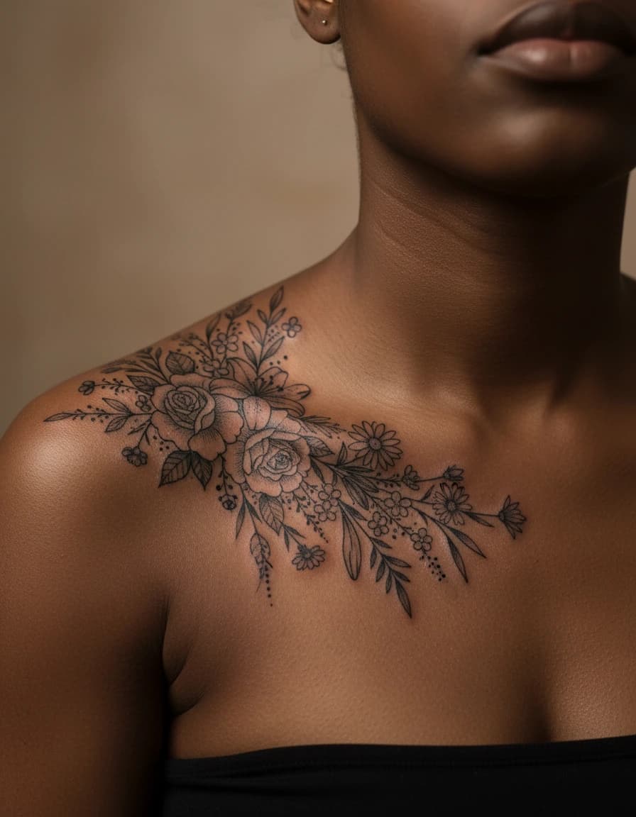 AI-generated concept: Blackwork flower tattoo ideas illustrated on the collarbone