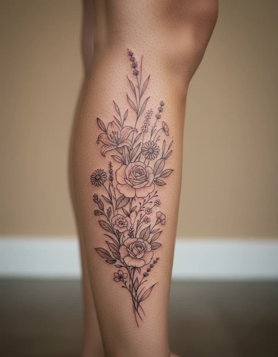AI-generated fine line flower tattoo ideas concept shown on the calf