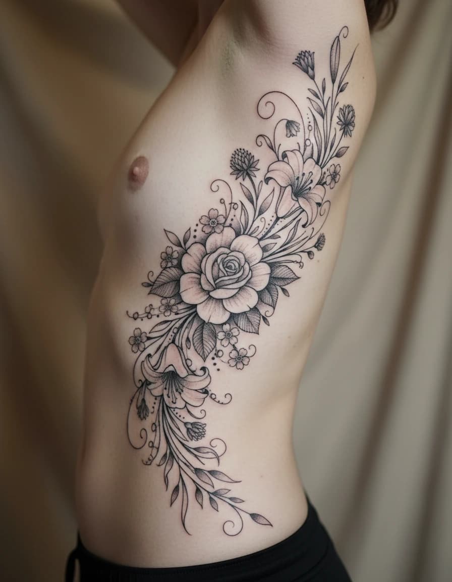 AI-generated concept: Ornamental flower tattoo ideas illustrated on the side torso