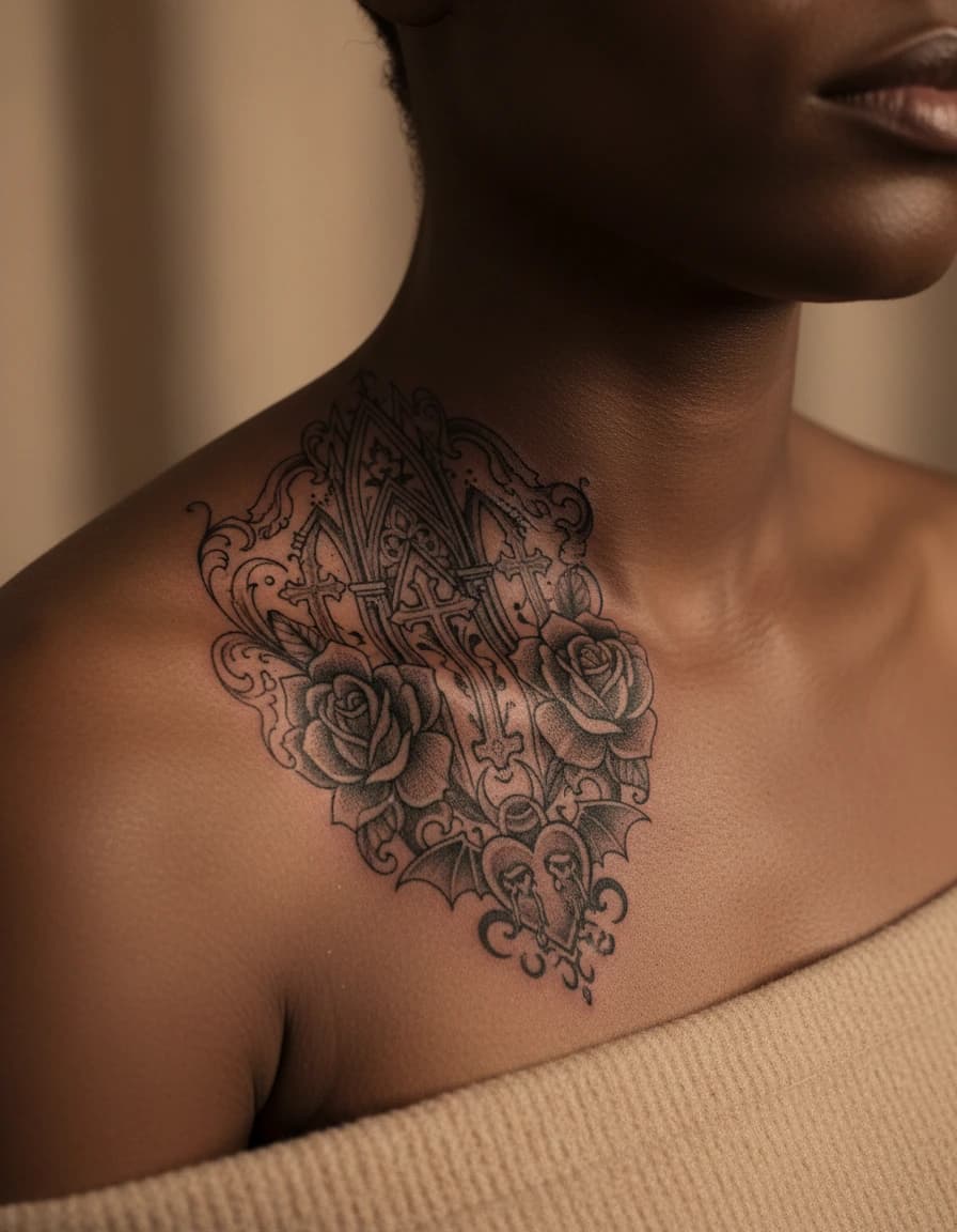 AI-generated concept: Blackwork gothic tattoo illustrated on the collarbone
