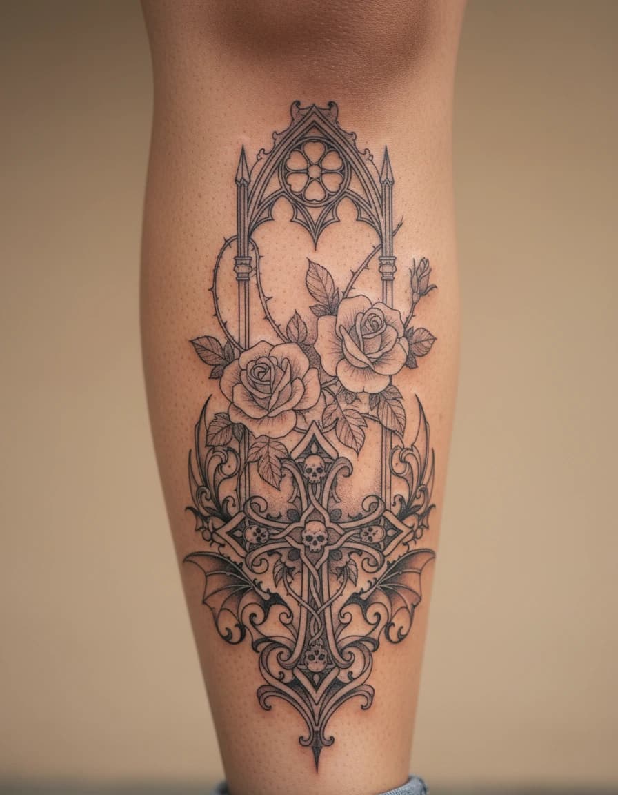 AI-generated concept: Fine Line gothic tattoo illustrated on the calf