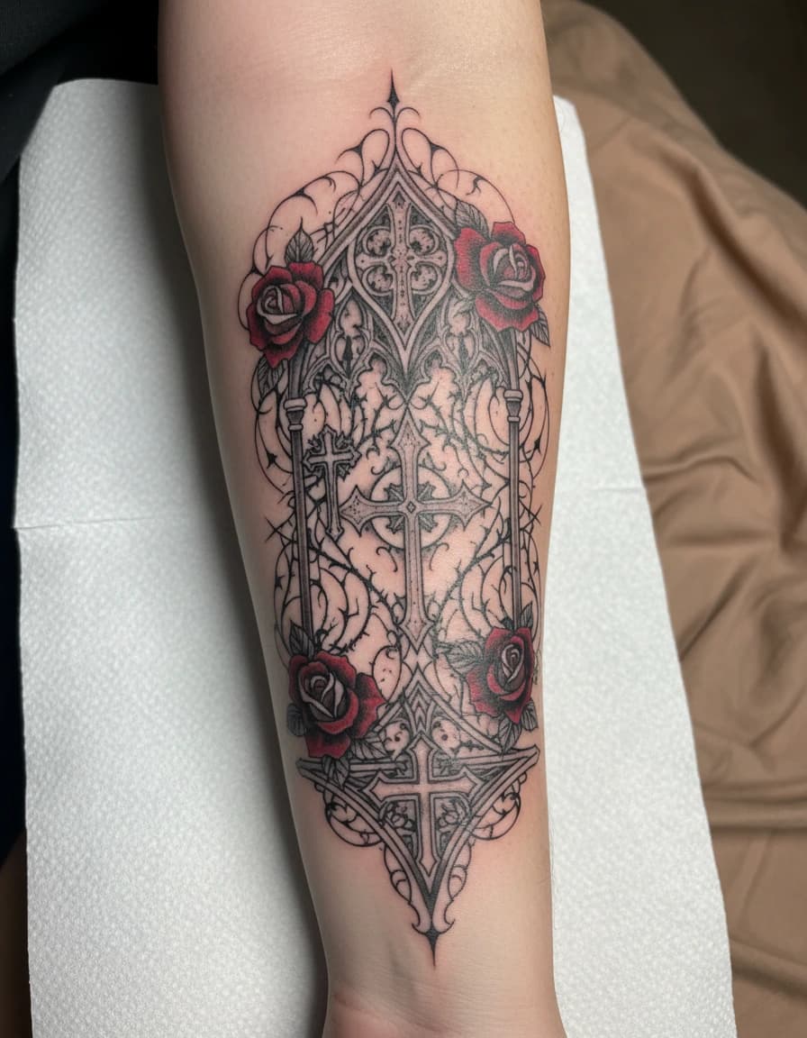 AI-generated concept: Ornamental gothic tattoo illustrated on the inner forearm