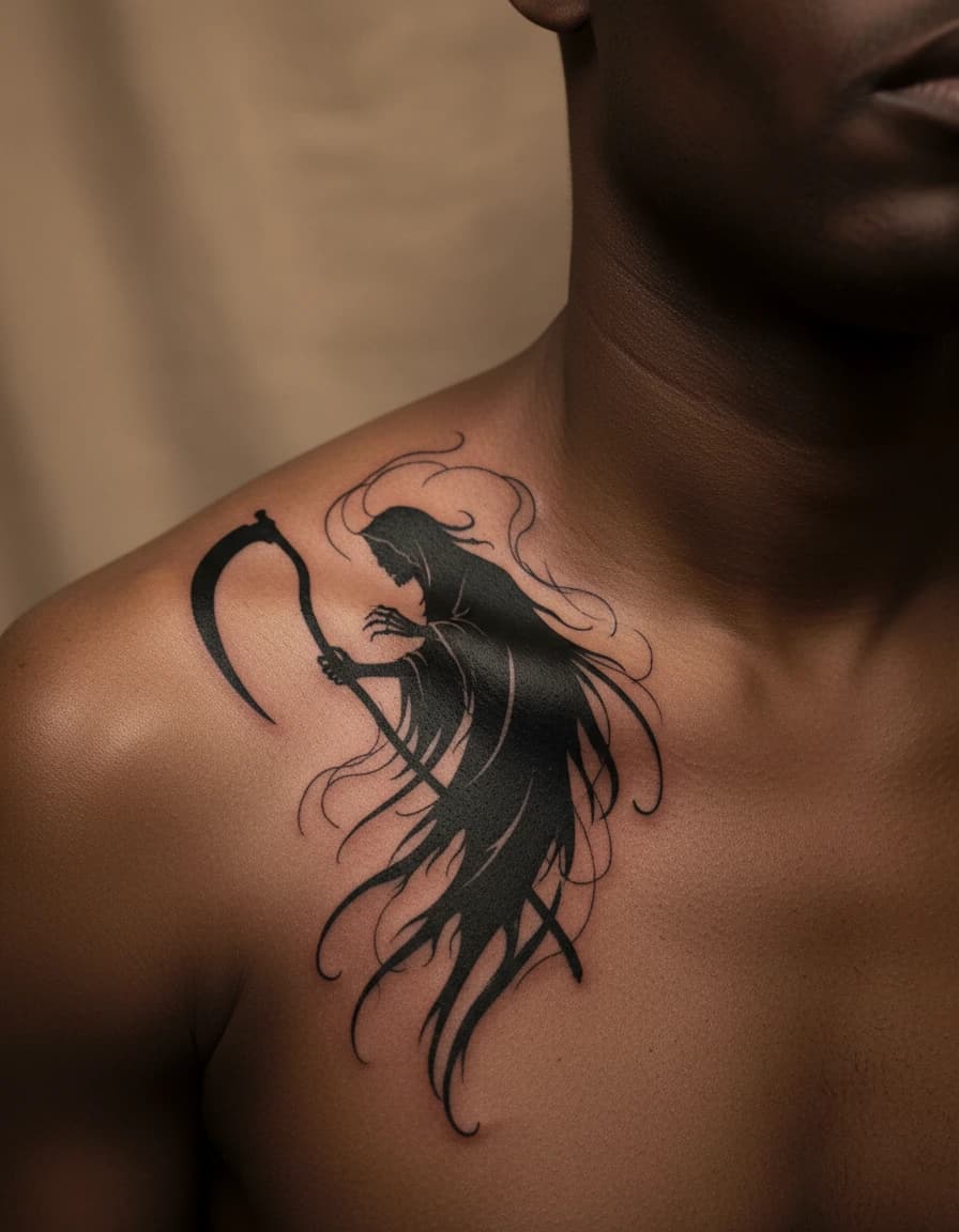 AI-generated concept: Blackwork grim reaper tattoo illustrated on the collarbone