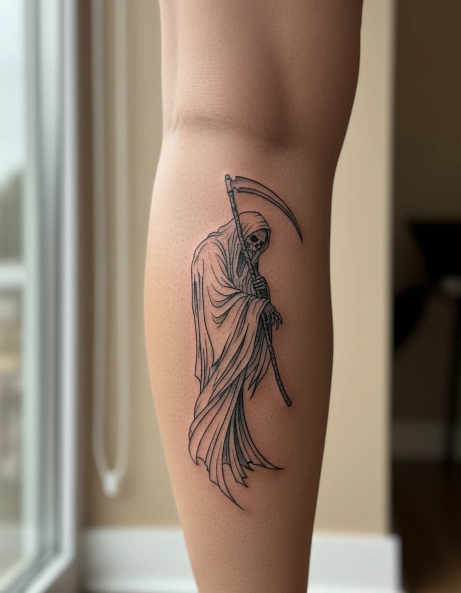 AI-generated concept: Fine Line grim reaper tattoo illustrated on the calf