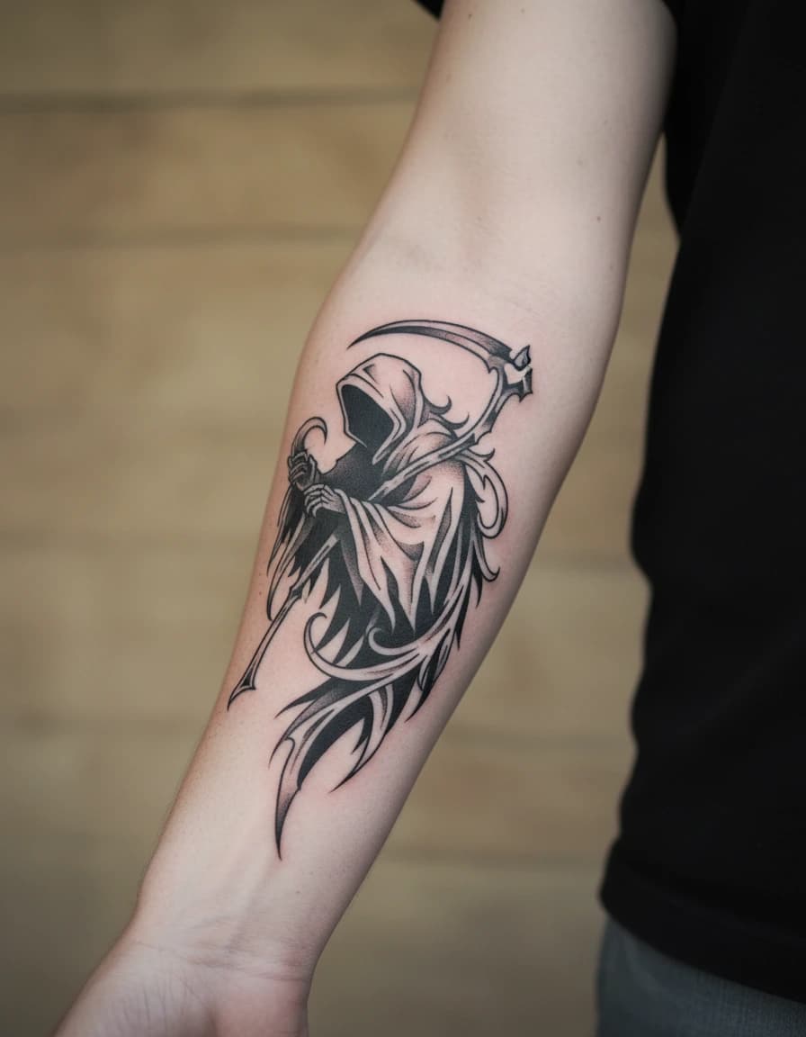 AI-generated concept: Ornamental grim reaper tattoo illustrated on the inner forearm