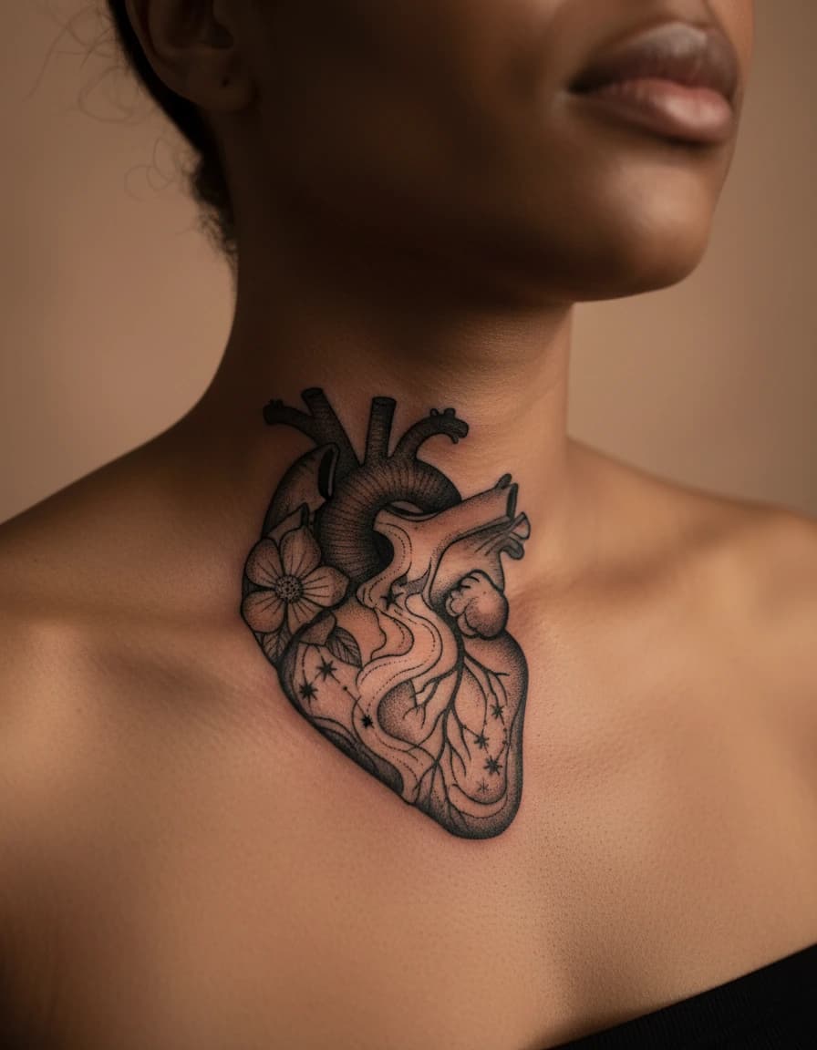AI-generated concept: Blackwork heart tattoo illustrated on the collarbone