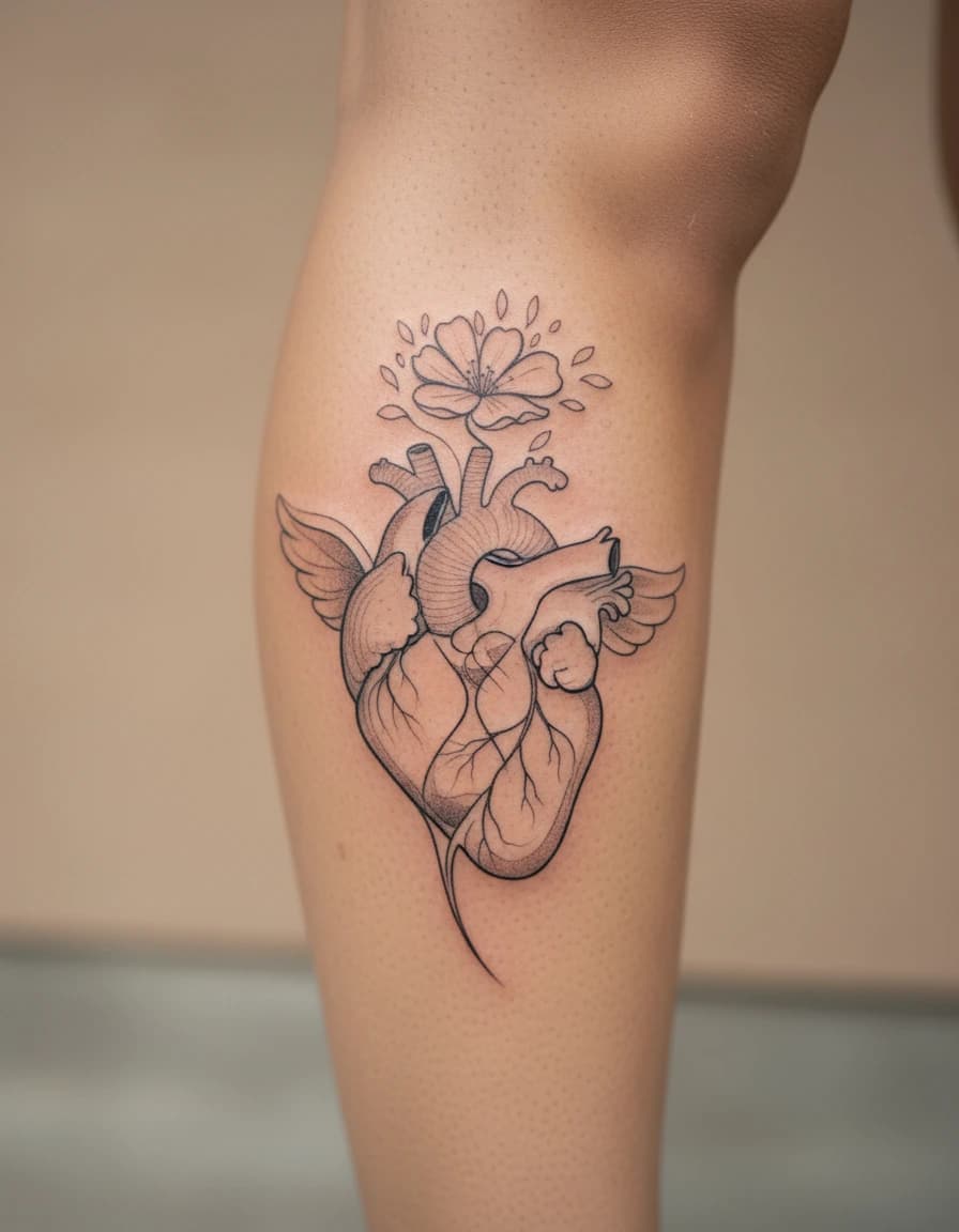 AI-generated concept: Fine Line heart tattoo illustrated on the calf