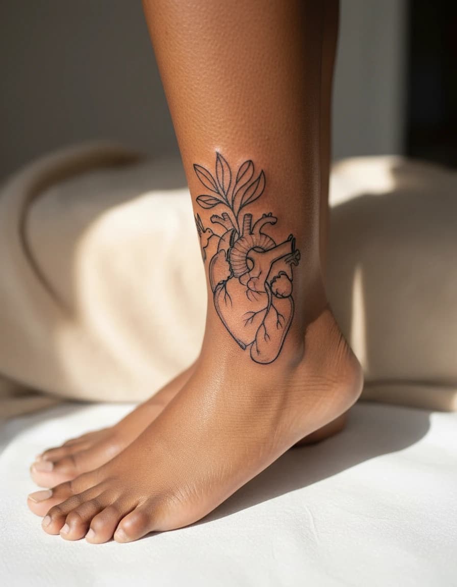AI-generated minimalist heart tattoo concept shown on the ankle