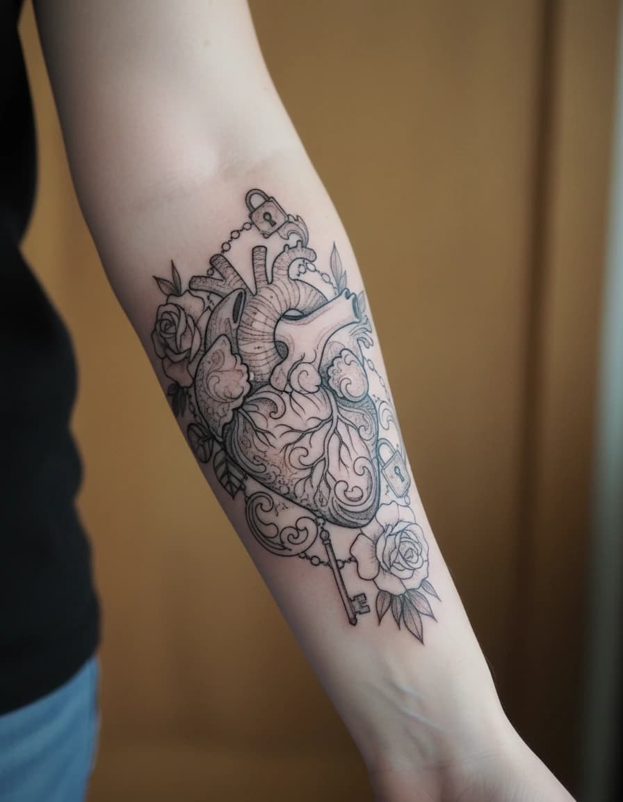 AI-generated concept: Ornamental heart tattoo illustrated on the inner forearm