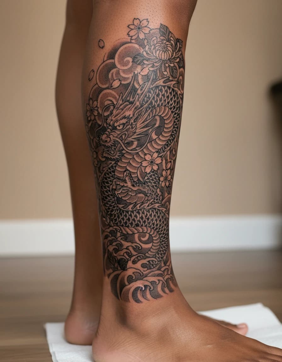 AI-generated blackwork japanese dragon tattoo concept shown on the ankle