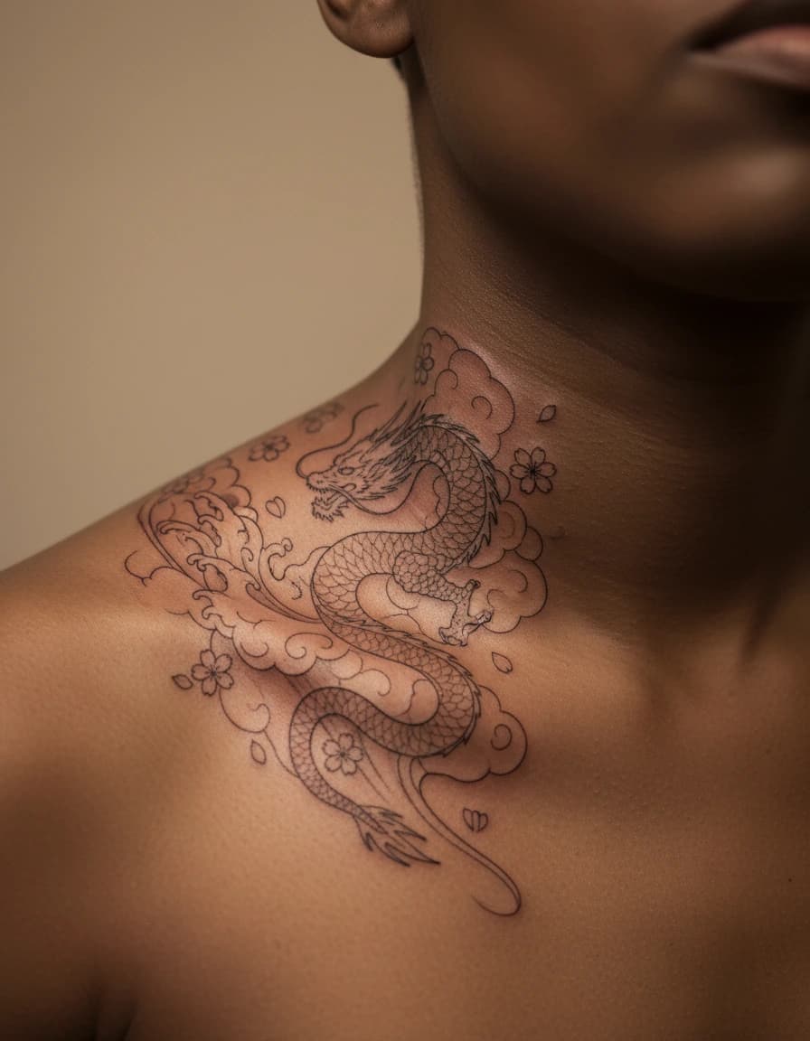 AI-generated concept: Fine Line japanese dragon tattoo illustrated on the collarbone