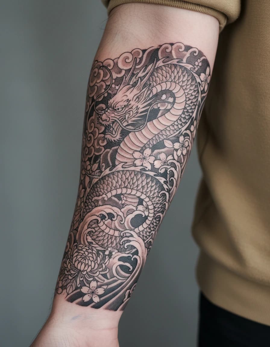 AI-generated ornamental japanese dragon tattoo concept shown on the inner forearm