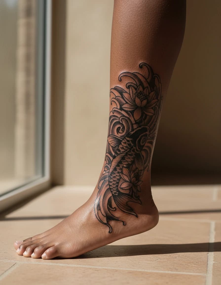 AI-generated concept: Blackwork koi fish tattoo illustrated on the ankle